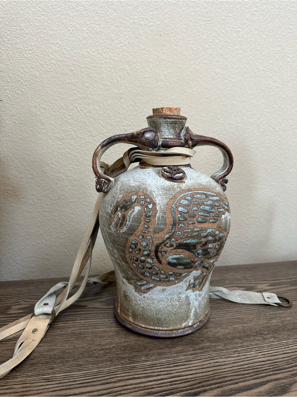 Handcrafted Ceramic Swan Decanter Vase in Earthy Green and Brown